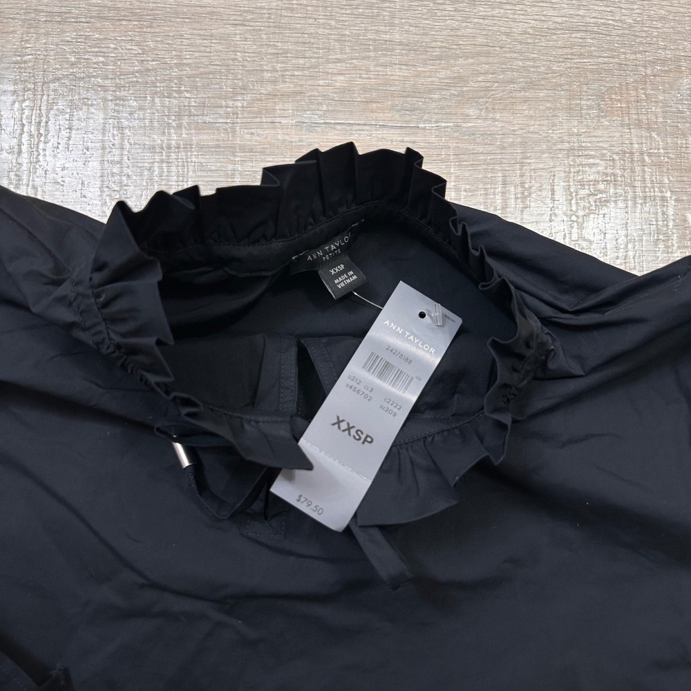 NEW Ann Taylor Black Poplin Tie Neck Blouse Classic Business Minimalist XXS Pet. - Picture 7 of 10